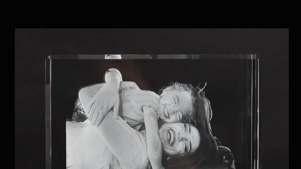 Mother and daughter laughing, engraved in a large rectangle 3D photo crystal