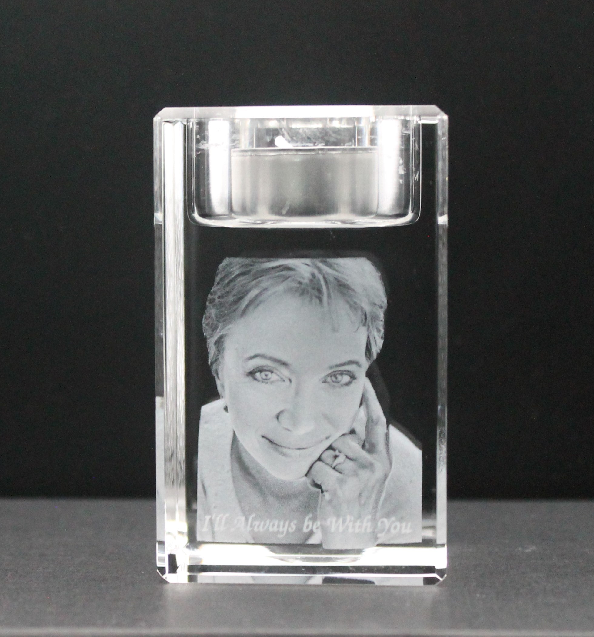 3d crystal memorial candle with a lady and the text I'll Always Be With You