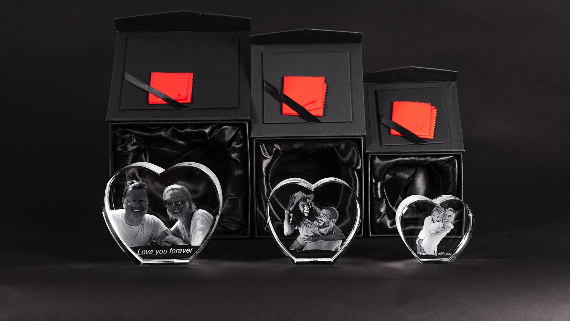 3D Crystal Photo Heart Personalised for you. image shows 3 sizes small medium large 3d photo crystals forever-always