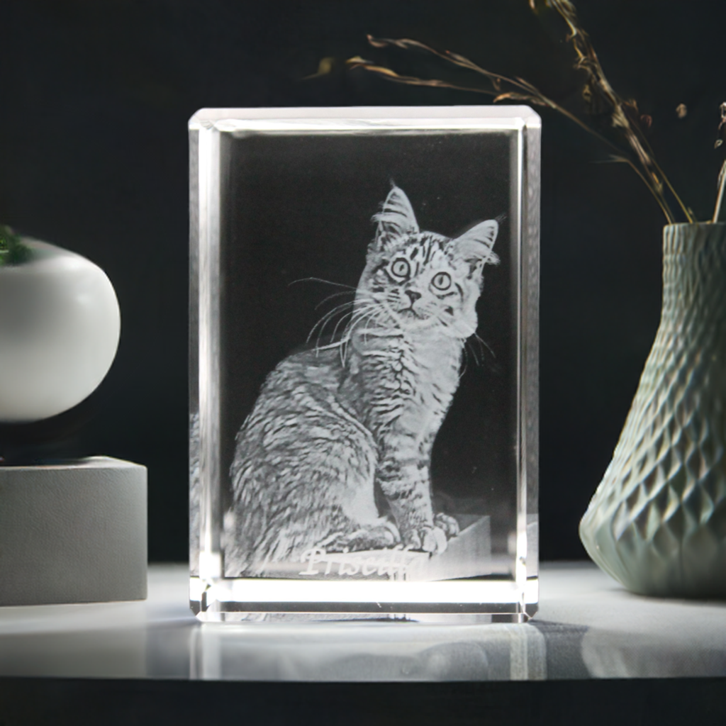 3d crystal glass picture of a cat