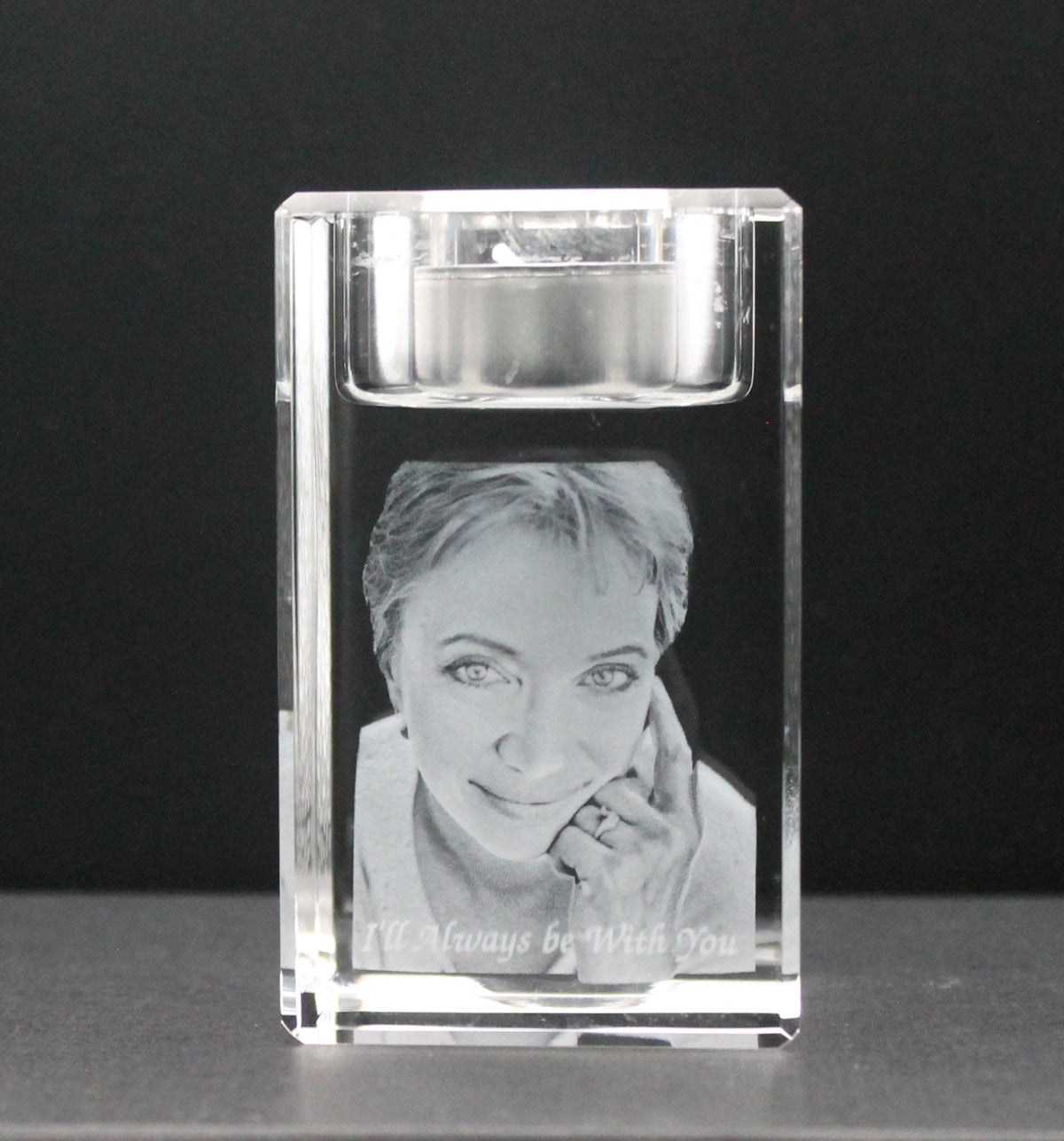 3D crystal memorial candle engraved with a woman and the words I'll Always Be With You