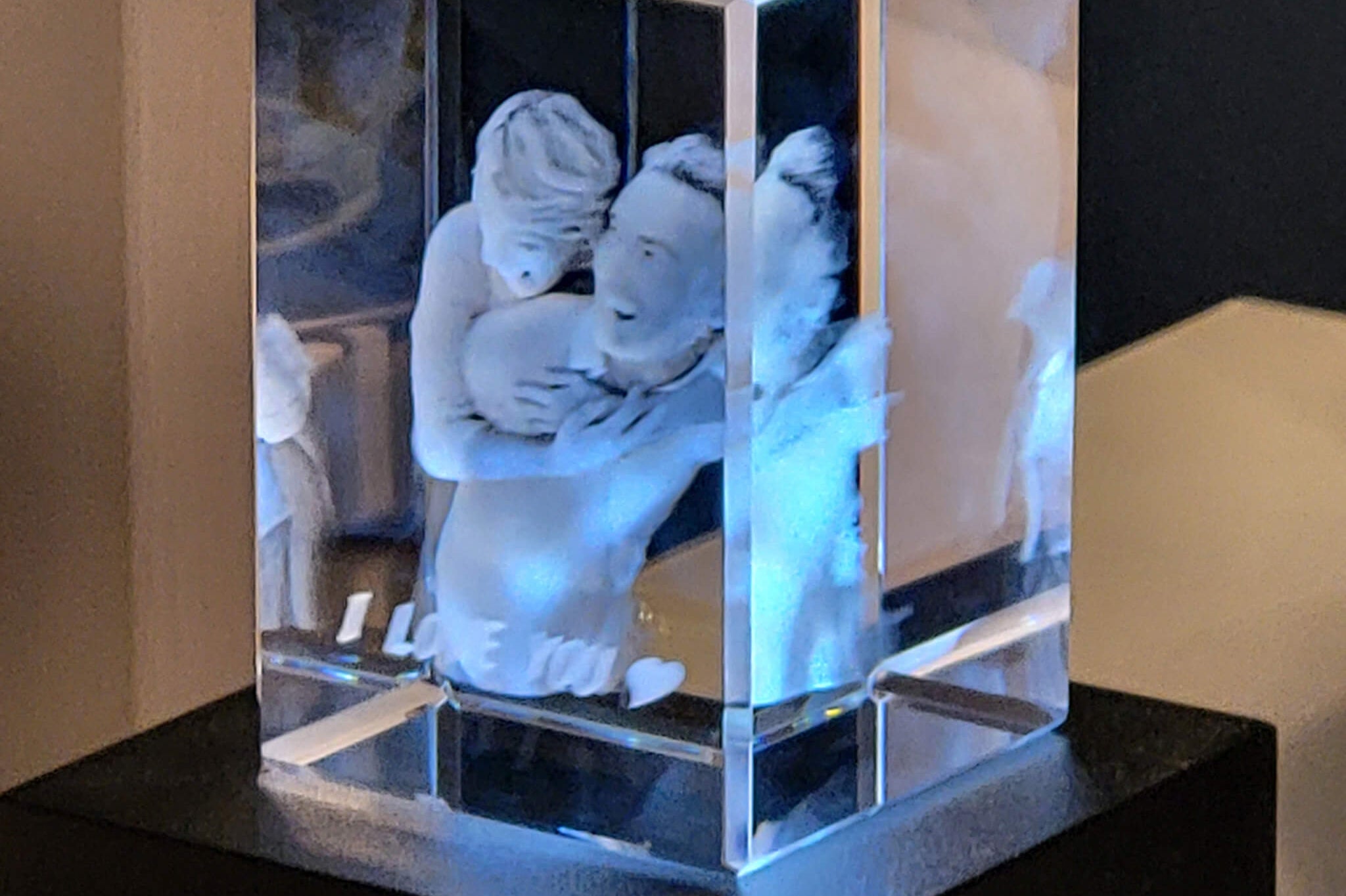 3D crystal photo by bedside on light base forever-always.co.uk