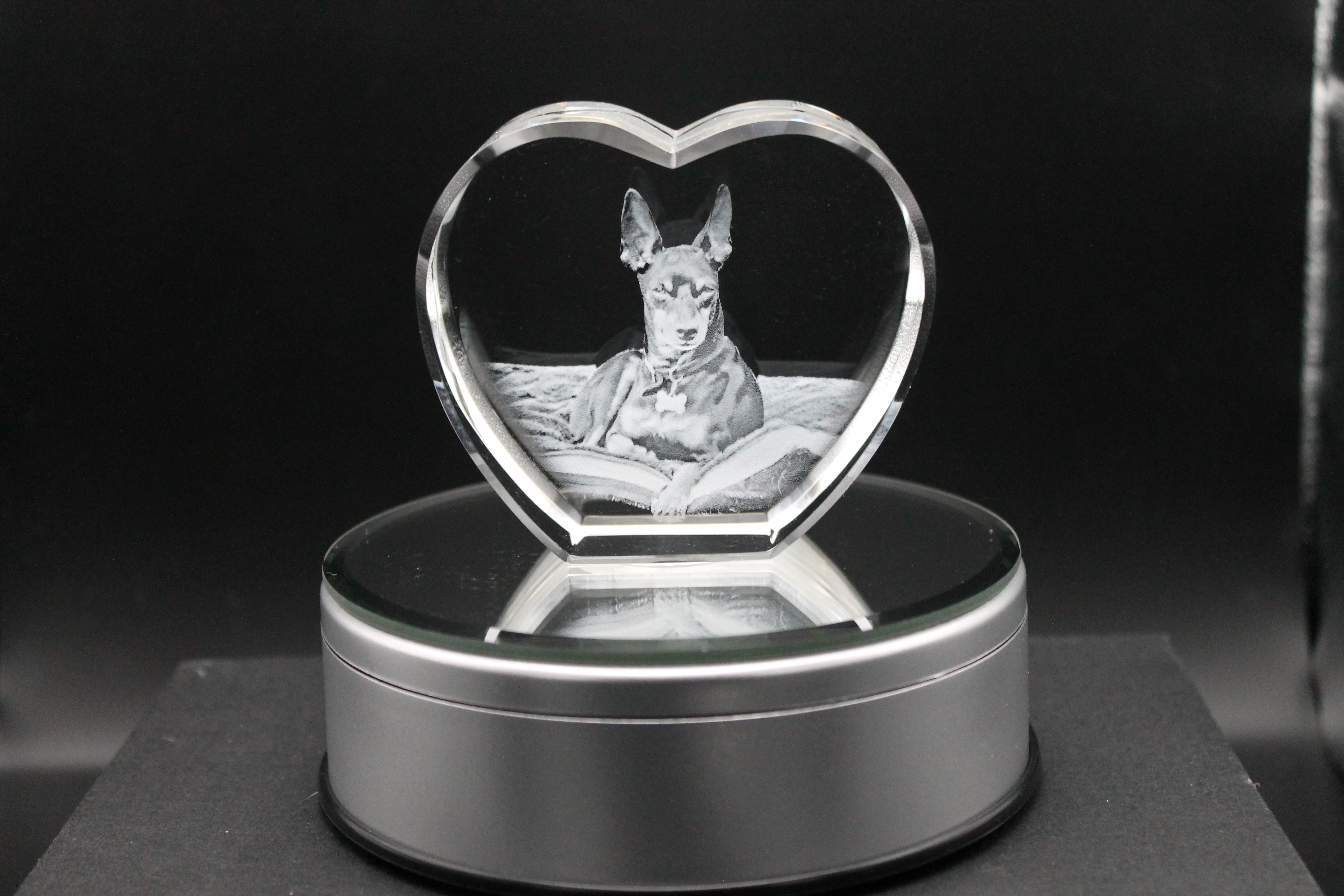 3d photo crystal of a dog on a silver rotating base 