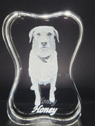 Dog engraved inside a tall bone shaped 3D photo crystal, made in the UK by Forever-Always