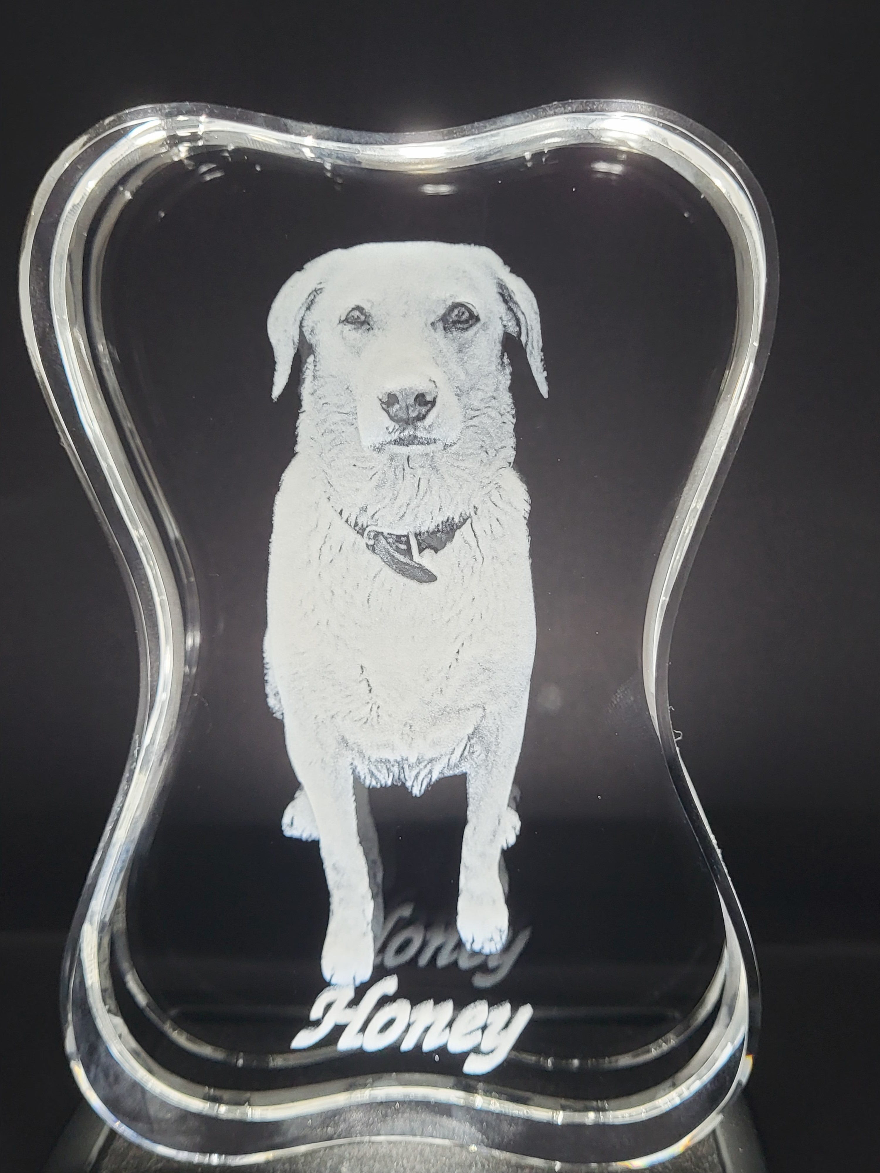 Dog engraved inside a tall bone shaped 3D photo crystal, made in the UK by Forever-Always