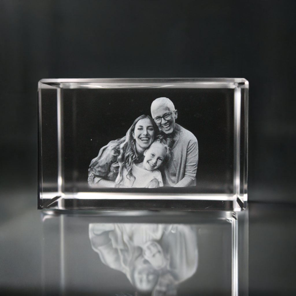 family in a 3d crystal photo rectangle block 